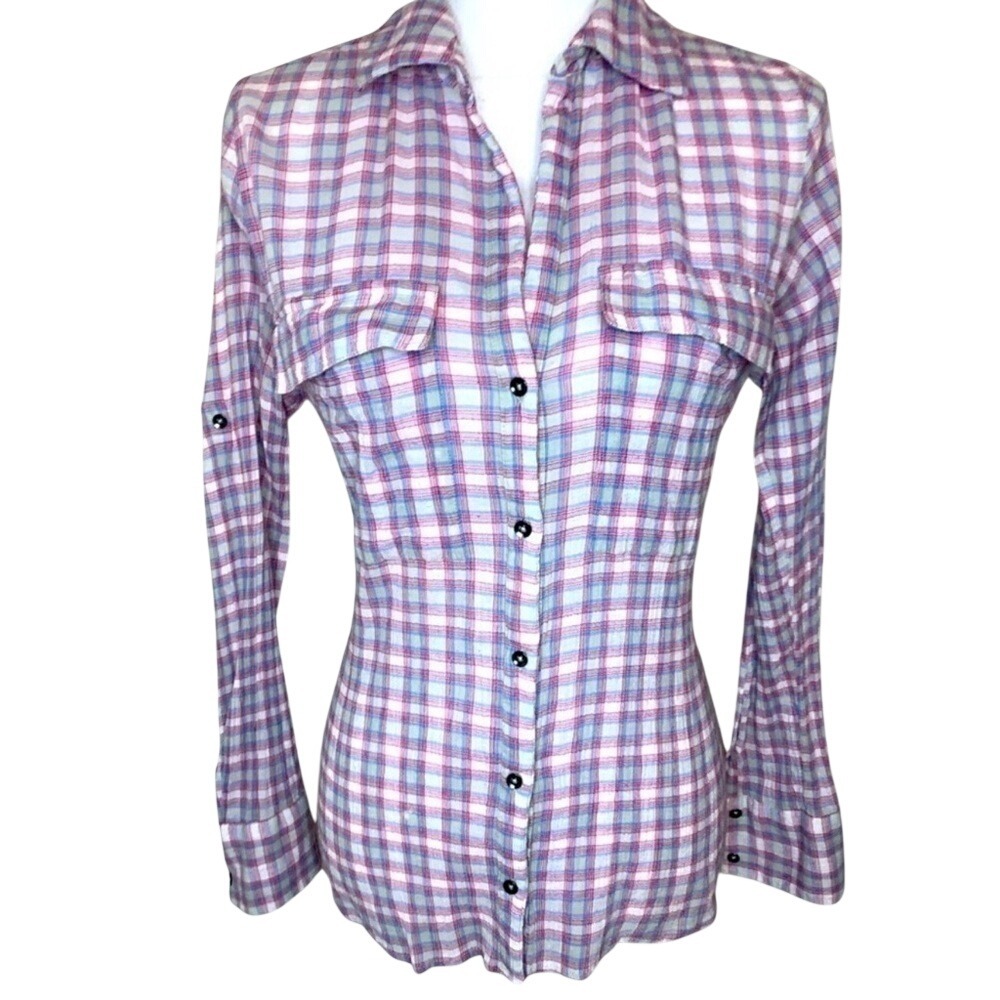 William Rast Women Button Down Plaid Long Roll Tab Sleeve Shirt Size Small